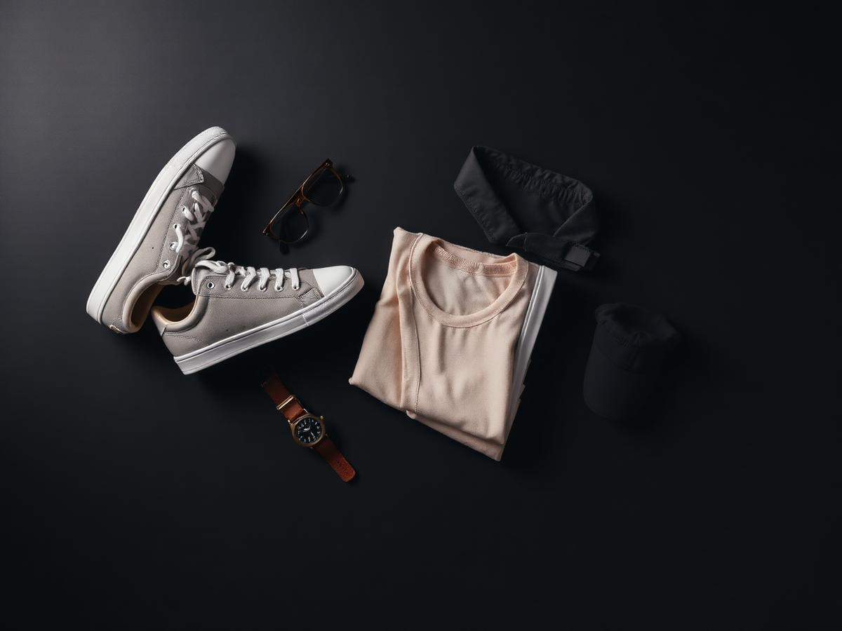 Sneakers, watch, sunglasses and folded clothing flat-lay
