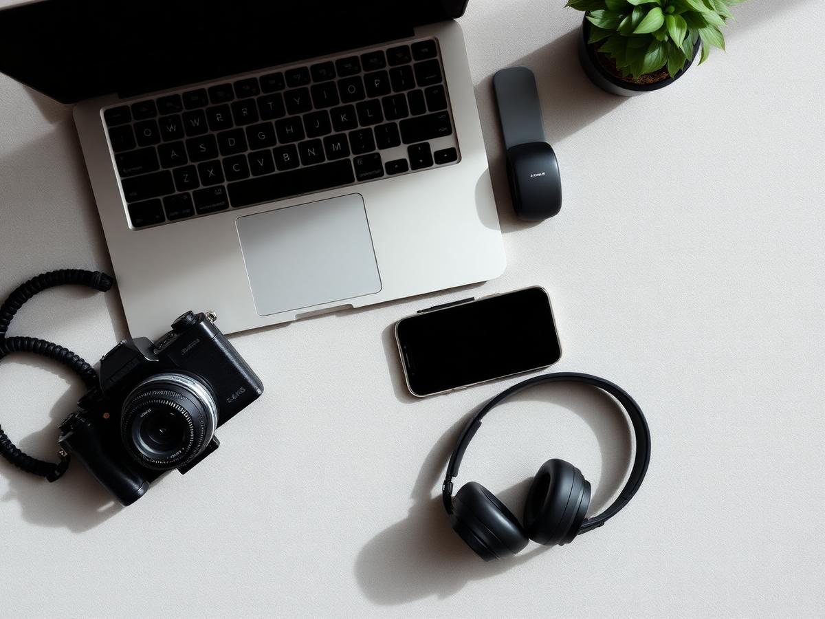 Laptop, camera, phone and headphones flat-lay